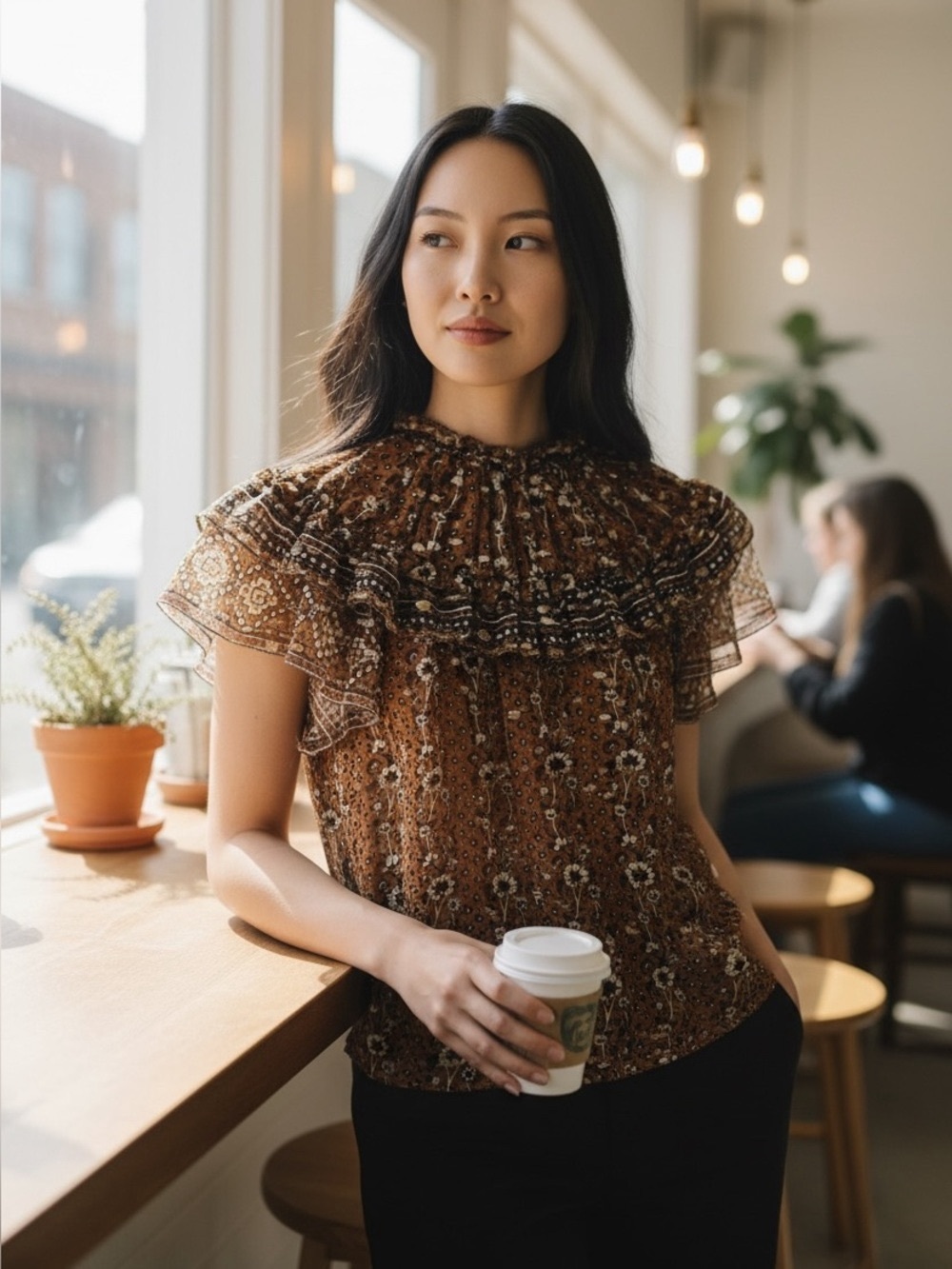 Ulla Johnson Brown Floral Ruffled Yoke Blouse